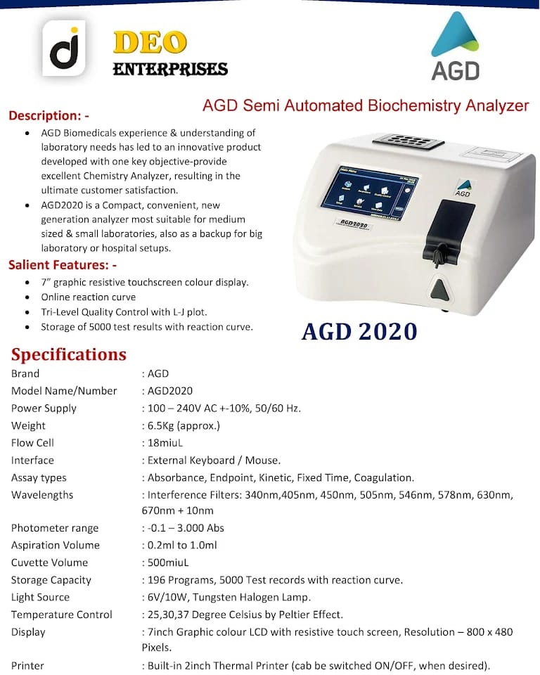 AGD SEMI AUTOMATD BIOCHEMISTRY ANALYZER